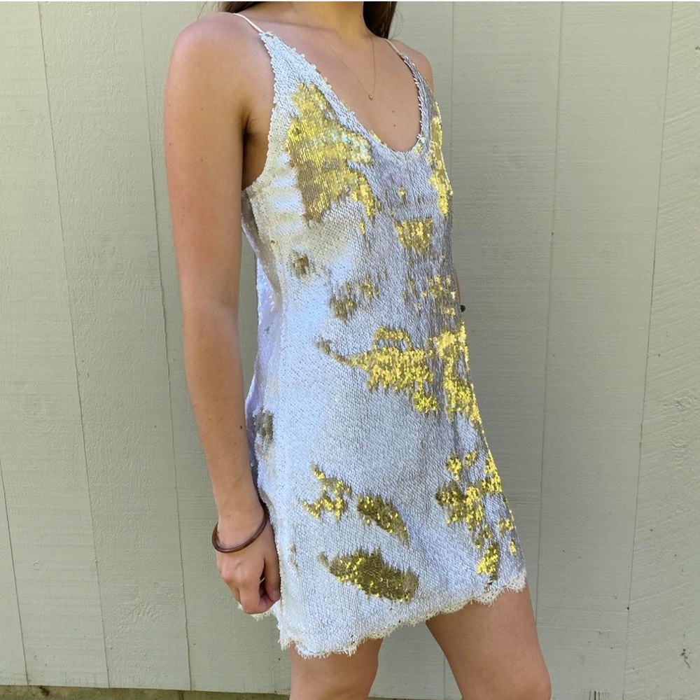 Free People Small Seeing Double White Gold Sequin Mini Slip Dress
